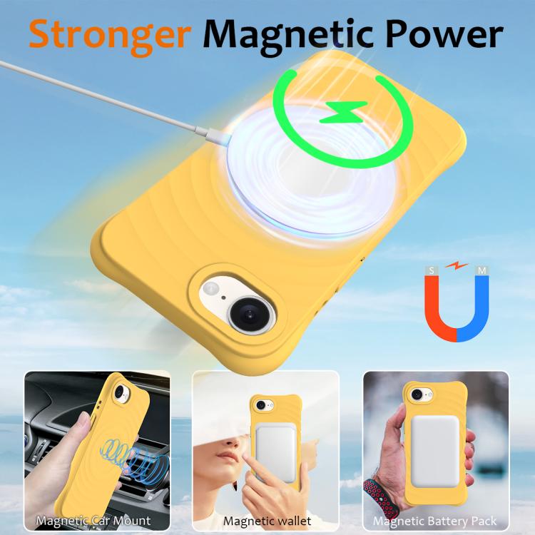 For iPhone 16e Wave Texture MagSafe Magnetic Liquid Silicone Phone Case(Yellow) by bashfashion