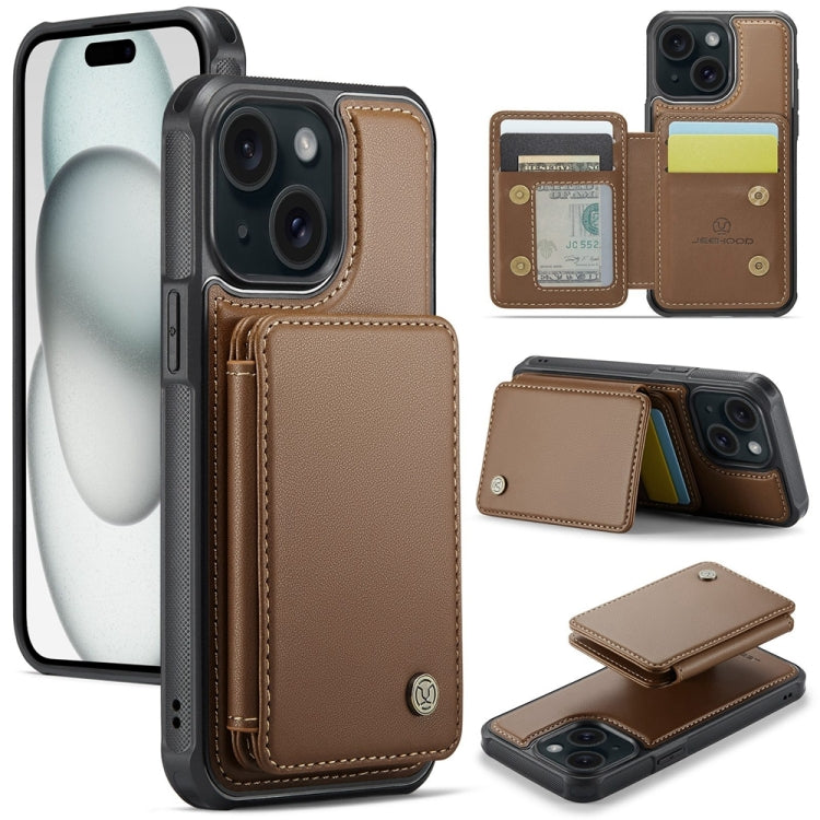 For iPhone 15 Plus JEEHOOD J05 Business Magnetic Style RFID Leather Phone Case(Brown) by JEEHOOD