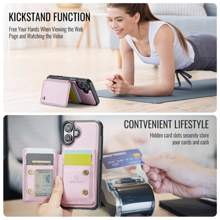 For iPhone 16 Plus JEEHOOD J05 Business Magnetic Style RFID Leather Phone Case(Pink) by JEEHOOD