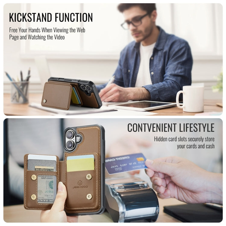 For iPhone 16 JEEHOOD J05 Business Magnetic Style RFID Leather Phone Case(Brown) by JEEHOOD