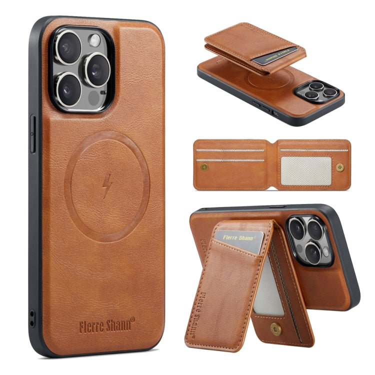 For iPhone 15 Pro Max Fierre Shann Cowhide Vertical Flip Magnetic Card Holder Phone Case(Brown) by FIERRE SHANN