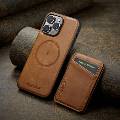 For iPhone 15 Pro Max Fierre Shann Cowhide Vertical Flip Magnetic Card Holder Phone Case(Brown) by FIERRE SHANN