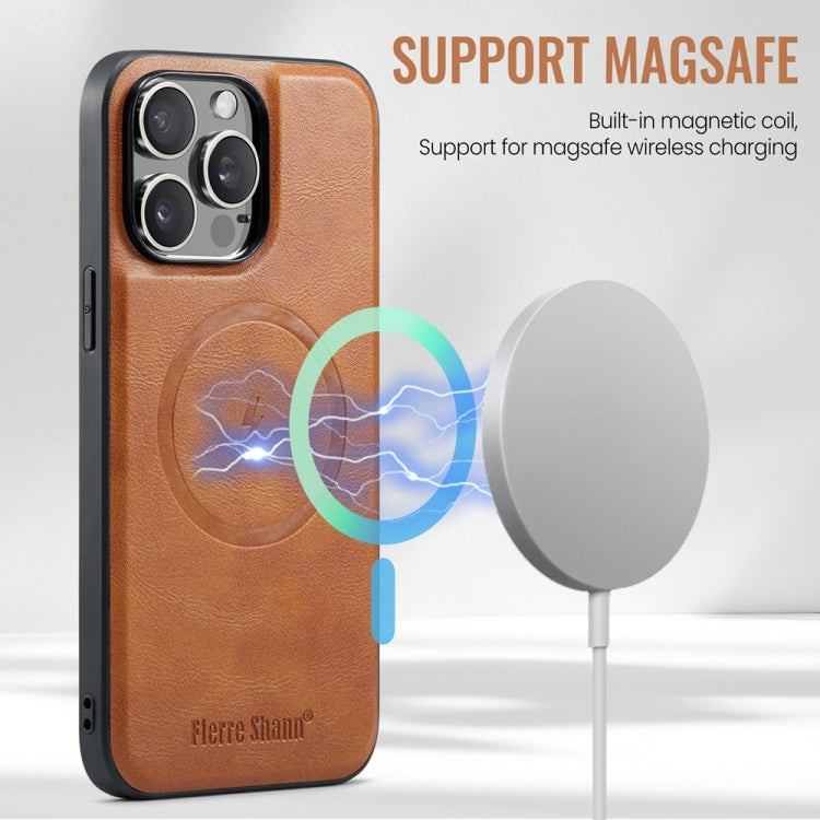 For iPhone 15 Pro Max Fierre Shann Cowhide Vertical Flip Magnetic Card Holder Phone Case(Brown) by FIERRE SHANN