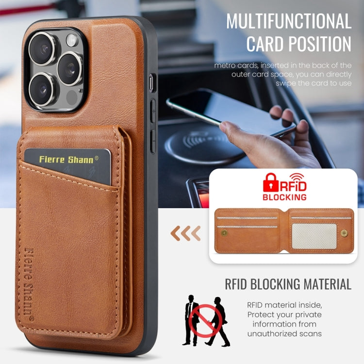 For iPhone 15 Pro Max Fierre Shann Cowhide Vertical Flip Magnetic Card Holder Phone Case(Brown) by FIERRE SHANN