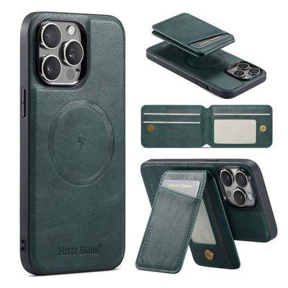 For iPhone 15 Pro Max Fierre Shann Cowhide Vertical Flip Magnetic Card Holder Phone Case(Green) by FIERRE SHANN
