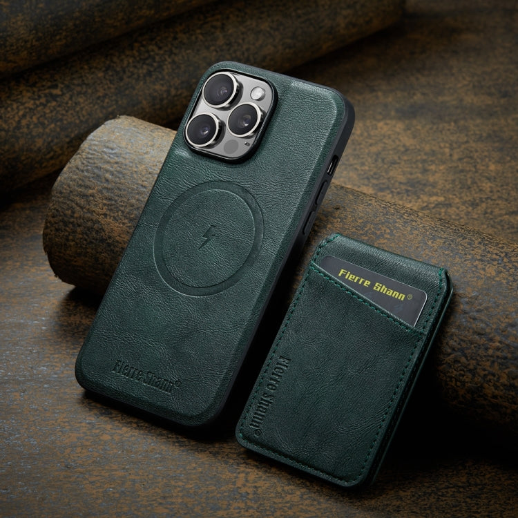 For iPhone 15 Pro Max Fierre Shann Cowhide Vertical Flip Magnetic Card Holder Phone Case(Green) by FIERRE SHANN