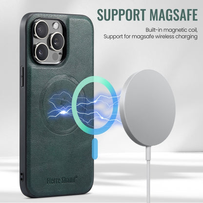 For iPhone 15 Pro Max Fierre Shann Cowhide Vertical Flip Magnetic Card Holder Phone Case(Green) by FIERRE SHANN