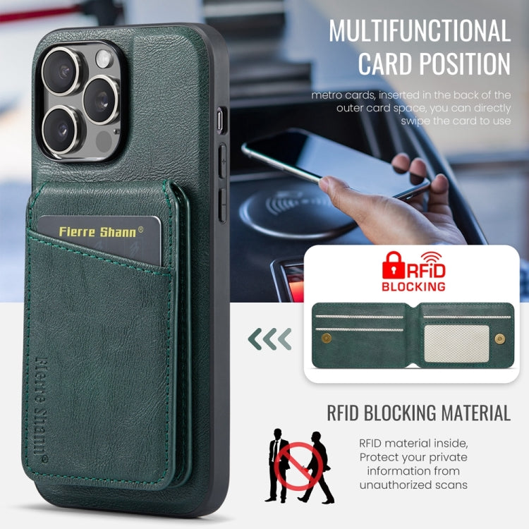 For iPhone 15 Pro Max Fierre Shann Cowhide Vertical Flip Magnetic Card Holder Phone Case(Green) by FIERRE SHANN