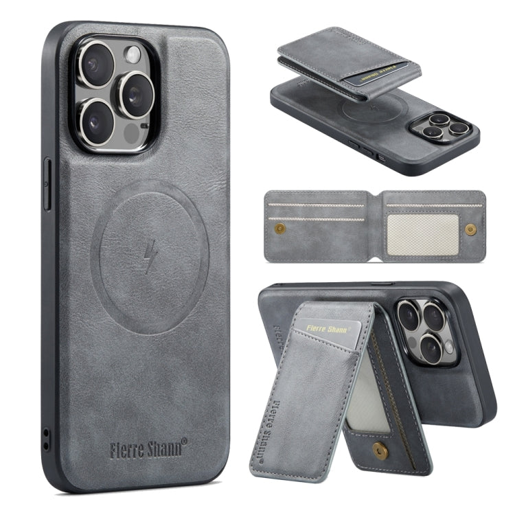 For iPhone 15 Pro Max Fierre Shann Cowhide Vertical Flip Magnetic Card Holder Phone Case(Grey) by FIERRE SHANN