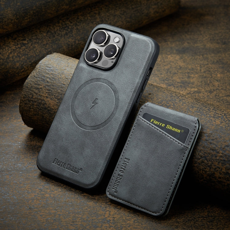 For iPhone 15 Pro Max Fierre Shann Cowhide Vertical Flip Magnetic Card Holder Phone Case(Grey) by FIERRE SHANN