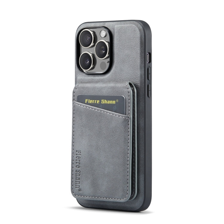 For iPhone 15 Pro Max Fierre Shann Cowhide Vertical Flip Magnetic Card Holder Phone Case(Grey) by FIERRE SHANN