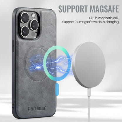 For iPhone 15 Pro Max Fierre Shann Cowhide Vertical Flip Magnetic Card Holder Phone Case(Grey) by FIERRE SHANN