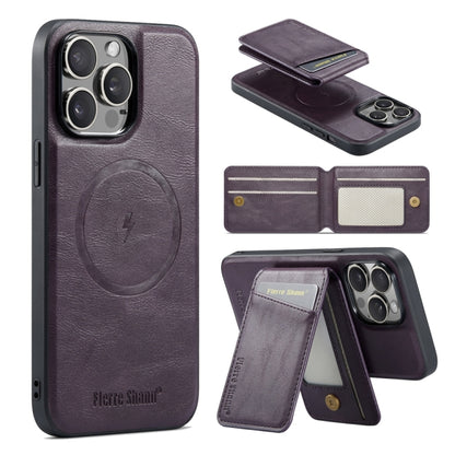 For iPhone 15 Pro Max Fierre Shann Cowhide Vertical Flip Magnetic Card Holder Phone Case(Purple) by FIERRE SHANN