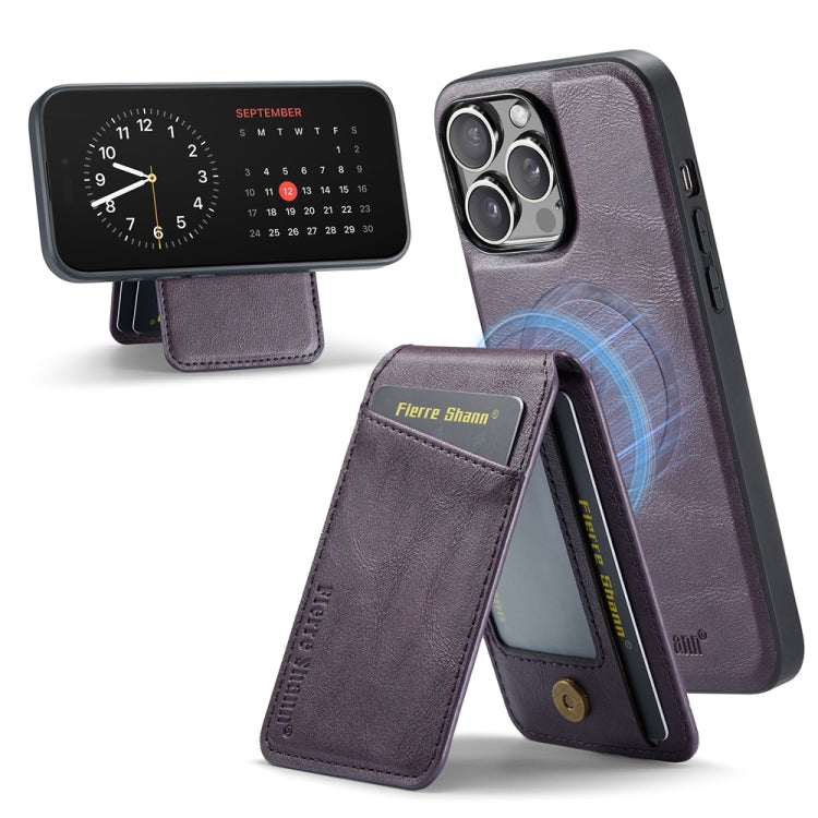 For iPhone 15 Pro Max Fierre Shann Cowhide Vertical Flip Magnetic Card Holder Phone Case(Purple) by FIERRE SHANN