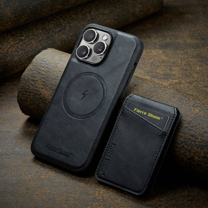 For iPhone 15 Pro Fierre Shann Cowhide Vertical Flip Magnetic Card Holder Phone Case(Black) by FIERRE SHANN