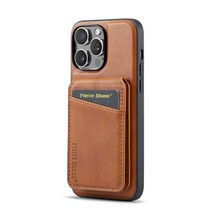 For iPhone 15 Pro Fierre Shann Cowhide Vertical Flip Magnetic Card Holder Phone Case(Brown) by FIERRE SHANN
