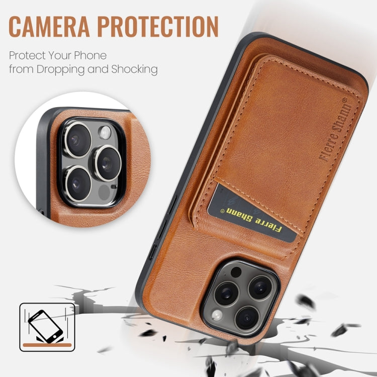 For iPhone 15 Pro Fierre Shann Cowhide Vertical Flip Magnetic Card Holder Phone Case(Brown) by FIERRE SHANN
