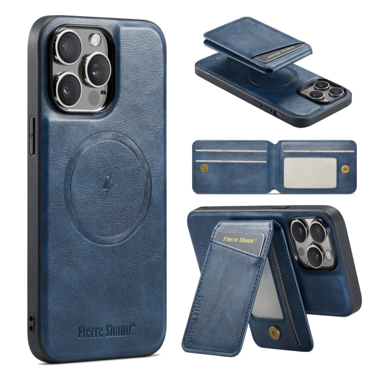 For iPhone 15 Pro Fierre Shann Cowhide Vertical Flip Magnetic Card Holder Phone Case(Blue) by FIERRE SHANN