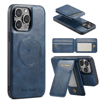For iPhone 15 Pro Fierre Shann Cowhide Vertical Flip Magnetic Card Holder Phone Case(Blue) by FIERRE SHANN
