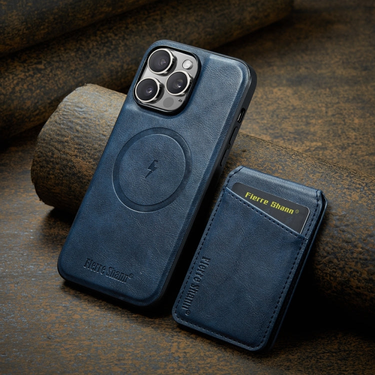 For iPhone 15 Pro Fierre Shann Cowhide Vertical Flip Magnetic Card Holder Phone Case(Blue) by FIERRE SHANN