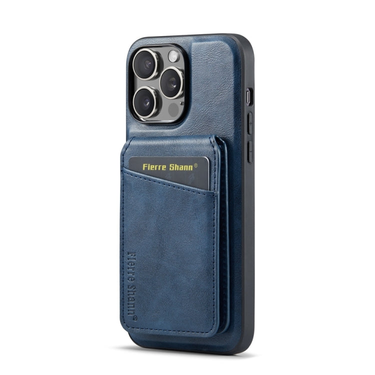 For iPhone 15 Pro Fierre Shann Cowhide Vertical Flip Magnetic Card Holder Phone Case(Blue) by FIERRE SHANN