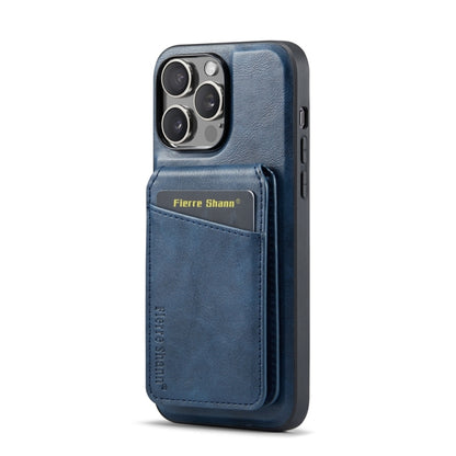For iPhone 15 Pro Fierre Shann Cowhide Vertical Flip Magnetic Card Holder Phone Case(Blue) by FIERRE SHANN