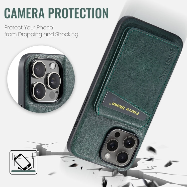 For iPhone 15 Pro Fierre Shann Cowhide Vertical Flip Magnetic Card Holder Phone Case(Green) by FIERRE SHANN