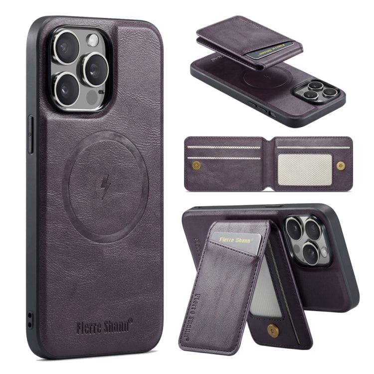 For iPhone 15 Pro Fierre Shann Cowhide Vertical Flip Magnetic Card Holder Phone Case(Purple) by FIERRE SHANN