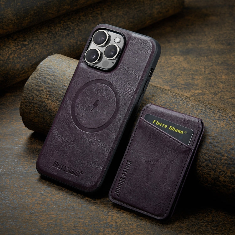 For iPhone 15 Pro Fierre Shann Cowhide Vertical Flip Magnetic Card Holder Phone Case(Purple) by FIERRE SHANN