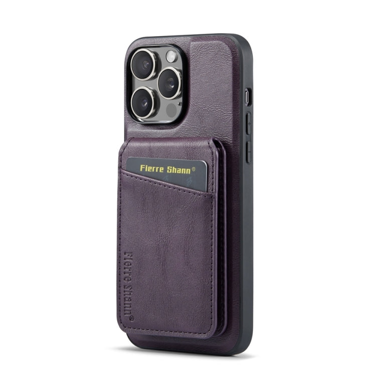 For iPhone 15 Pro Fierre Shann Cowhide Vertical Flip Magnetic Card Holder Phone Case(Purple) by FIERRE SHANN