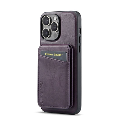 For iPhone 15 Pro Fierre Shann Cowhide Vertical Flip Magnetic Card Holder Phone Case(Purple) by FIERRE SHANN