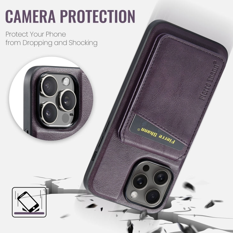 For iPhone 15 Pro Fierre Shann Cowhide Vertical Flip Magnetic Card Holder Phone Case(Purple) by FIERRE SHANN