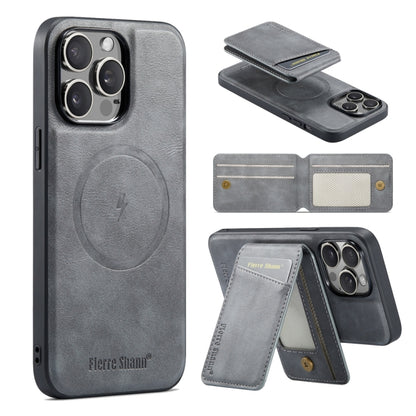 For iPhone 14 Pro Max Fierre Shann Cowhide Vertical Flip Magnetic Card Holder Phone Case(Grey) by FIERRE SHANN