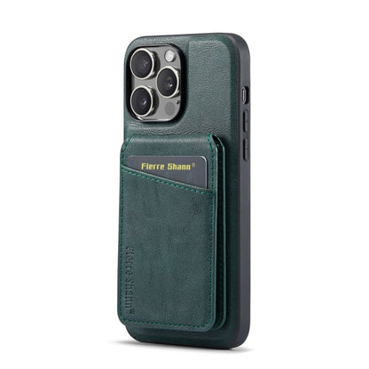 For iPhone 14 Pro Fierre Shann Cowhide Vertical Flip Magnetic Card Holder Phone Case(Green) by FIERRE SHANN