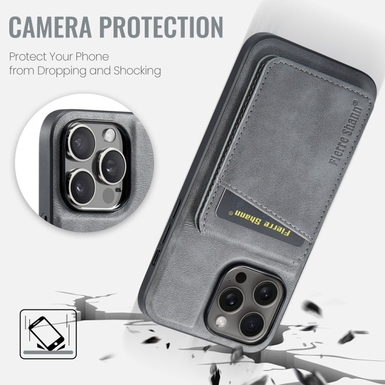 For iPhone 13 Pro Fierre Shann Cowhide Vertical Flip Magnetic Card Holder Phone Case(Grey) by FIERRE SHANN