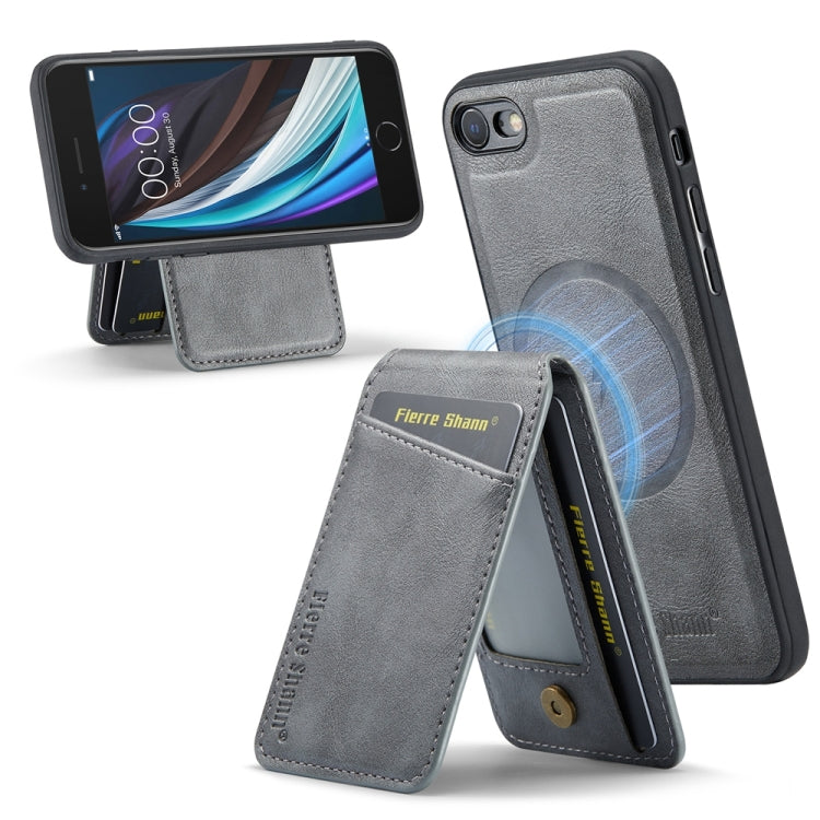 For iPhone SE 2022 / SE 2020 / 8 / 7 Fierre Shann Cowhide Vertical Flip Magnetic Card Holder Phone Case(Grey) by FIERRE SHANN