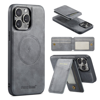 For iPhone 16 Pro Max Fierre Shann Cowhide Vertical Flip Magnetic Card Holder Phone Case(Grey) by FIERRE SHANN
