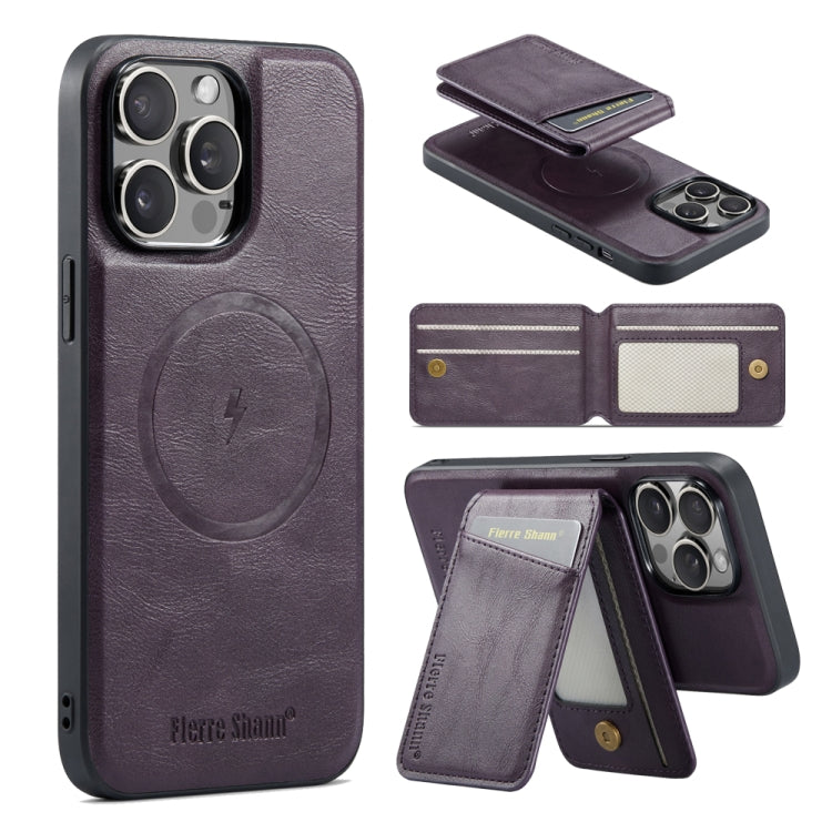For iPhone 16 Pro Max Fierre Shann Cowhide Vertical Flip Magnetic Card Holder Phone Case(Purple) by FIERRE SHANN