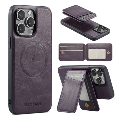 For iPhone 16 Pro Max Fierre Shann Cowhide Vertical Flip Magnetic Card Holder Phone Case(Purple) by FIERRE SHANN