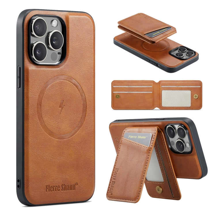 For iPhone 16 Pro Fierre Shann Cowhide Vertical Flip Magnetic Card Holder Phone Case(Brown) by FIERRE SHANN