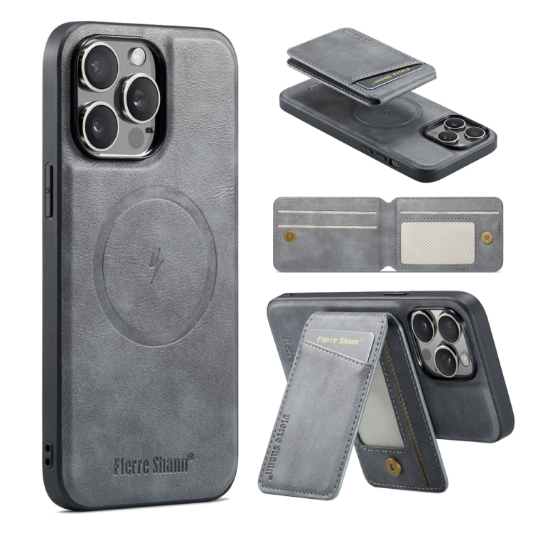 For iPhone 16 Pro Fierre Shann Cowhide Vertical Flip Magnetic Card Holder Phone Case(Grey) by FIERRE SHANN