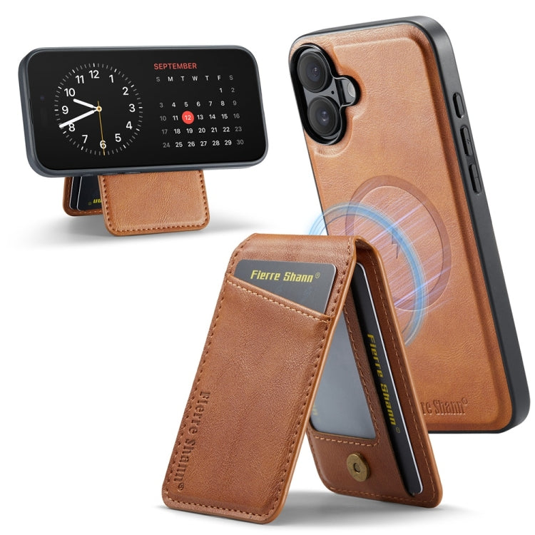 For iPhone 16 Plus Fierre Shann Cowhide Vertical Flip Magnetic Card Holder Phone Case(Brown) by FIERRE SHANN