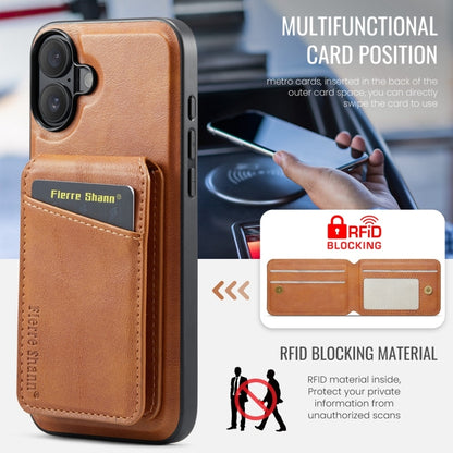 For iPhone 16 Plus Fierre Shann Cowhide Vertical Flip Magnetic Card Holder Phone Case(Brown) by FIERRE SHANN