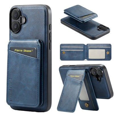 For iPhone 16 Plus Fierre Shann Cowhide Vertical Flip Magnetic Card Holder Phone Case(Blue) by FIERRE SHANN