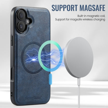 For iPhone 16 Plus Fierre Shann Cowhide Vertical Flip Magnetic Card Holder Phone Case(Blue) by FIERRE SHANN