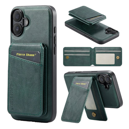For iPhone 16 Plus Fierre Shann Cowhide Vertical Flip Magnetic Card Holder Phone Case(Green) by FIERRE SHANN