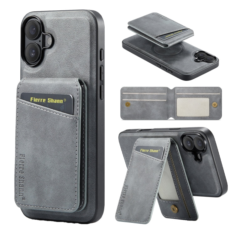 For iPhone 16 Plus Fierre Shann Cowhide Vertical Flip Magnetic Card Holder Phone Case(Grey) by FIERRE SHANN