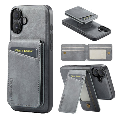 For iPhone 16 Plus Fierre Shann Cowhide Vertical Flip Magnetic Card Holder Phone Case(Grey) by FIERRE SHANN