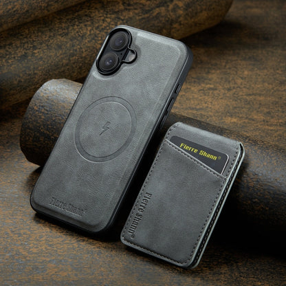 For iPhone 16 Plus Fierre Shann Cowhide Vertical Flip Magnetic Card Holder Phone Case(Grey) by FIERRE SHANN
