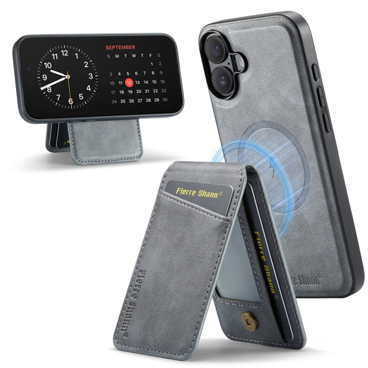 For iPhone 16 Plus Fierre Shann Cowhide Vertical Flip Magnetic Card Holder Phone Case(Grey) by FIERRE SHANN